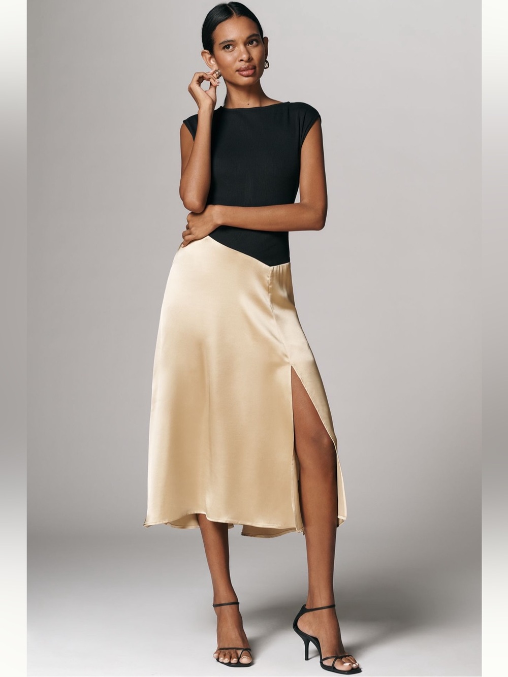 Anthropologie Romantic Glam Black Satin Asymmetric Twofer Midi Dress XL NWT Fall